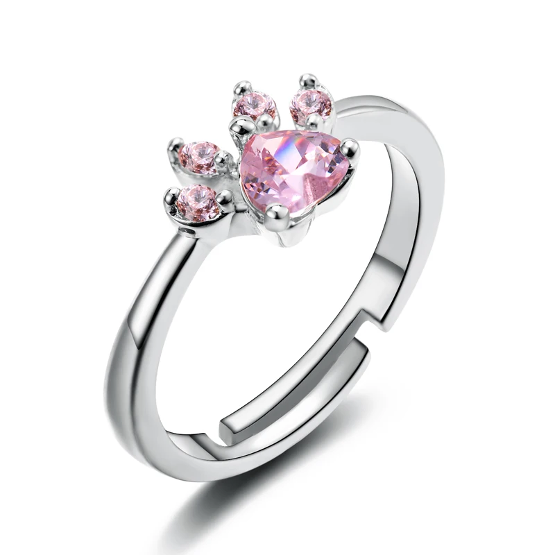 silver pink stone Ювелирное изделие в виде кошки собаки медведя лапы коготь Незамкнутое регулируемое кольцо кольца из розового золота для женщин серебро свадьба белый розовый кристалл CZ любовные подарки - Цвет основного камня: silver pink stone
