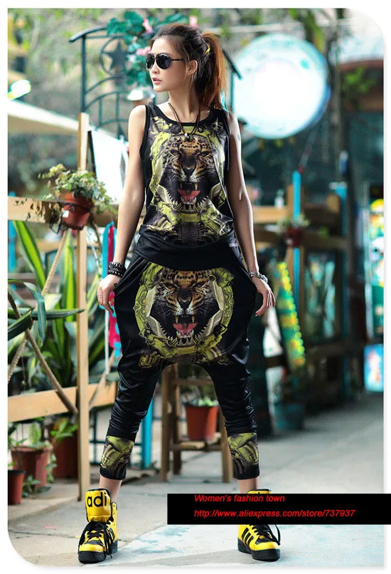 set Женские костюмы harajuku размера плюс, одежда, спортивный костюм для женщин, 3D принт тигра, майка, хип-хоп штаны-шаровары, комплект из двух предметов - Цвет: set