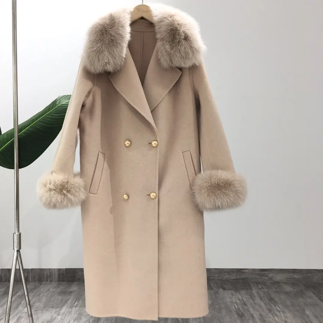 Хаки OFTBUY пальто с натуральным мехом, зимняя женская куртка, воротник из натурального Лисьего меха, кашемировая шерсть, длинная верхняя одежда, женская уличная одежда - Цвет: Хаки