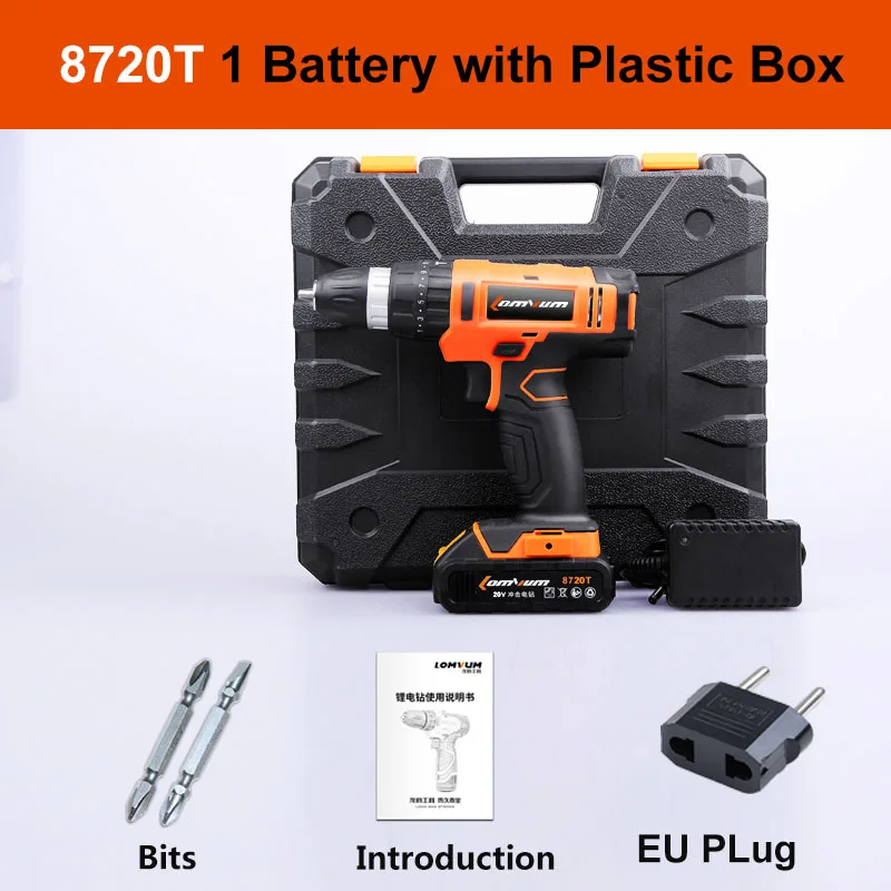 1 battery Plastic LOMVUM Дрель ударная профессиональная аккумуляторная с легкозажимным патроном с литиевый батареей 20V влагозащищенная 2 скорости фабричная сборка - Цвет: 1 battery Plastic