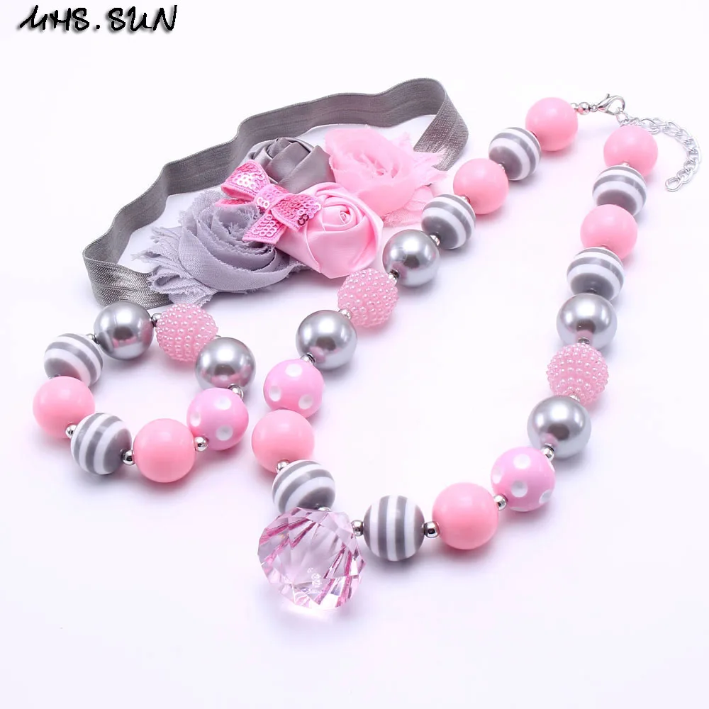 MHS.SUN Pink+Grey Color Kid Bubblegum Chunky Bead Necklace Girl Children Jewelry Set Headband Necklace&ampBracelet | Украшения и