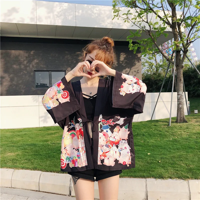Женское кимоно с принтом Pig Yukata летняя рубашка на шнурках для косплея 11326|Рубашки|