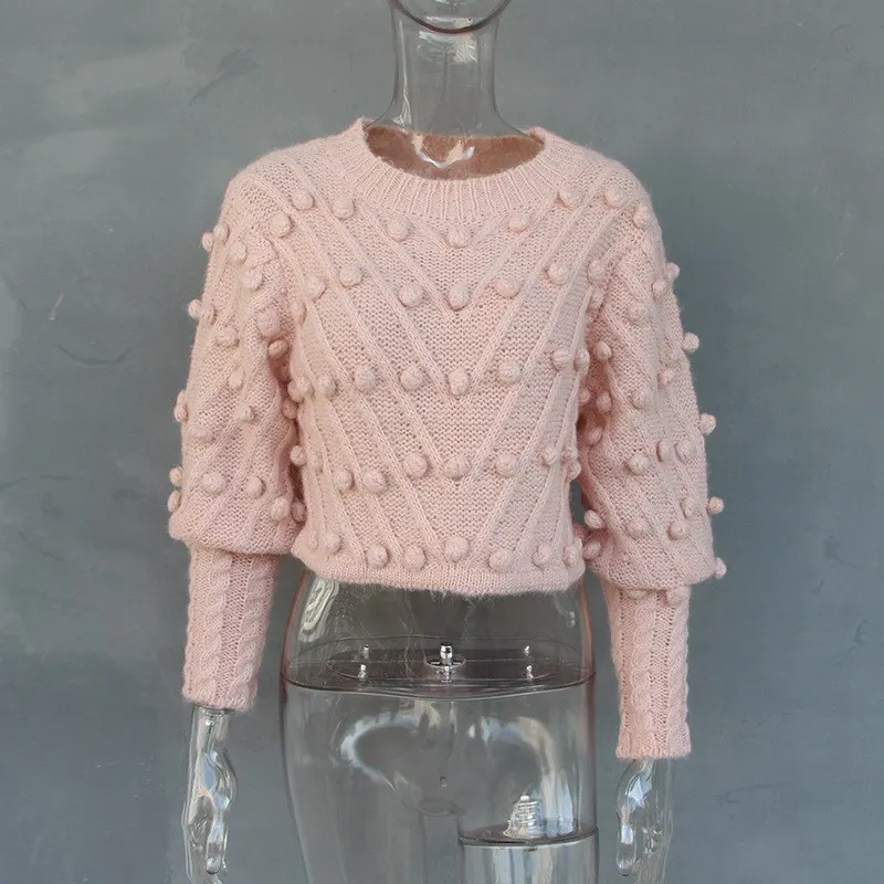 Женский Вязанный свитер JOYDU розовый укороченный топ с высокой талией и помпоном