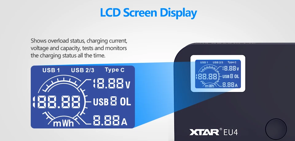 XTAR EU4 64 Вт QC3.0 зарядное устройство с ЖК-экраном 4 порта USB зарядное устройство для iPhone/samsung/Xiaomi портативное настенное зарядное устройство для путешествий