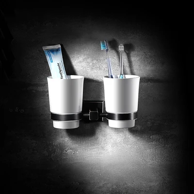 Double Cup Holder Аксессуары для ванной комнаты, черный латунный держатель для бумаги, держатель для стакана, туалетная щетка, мыльница, вешалка для полотенец, крючок, место 81600 - Цвет: Double Cup Holder