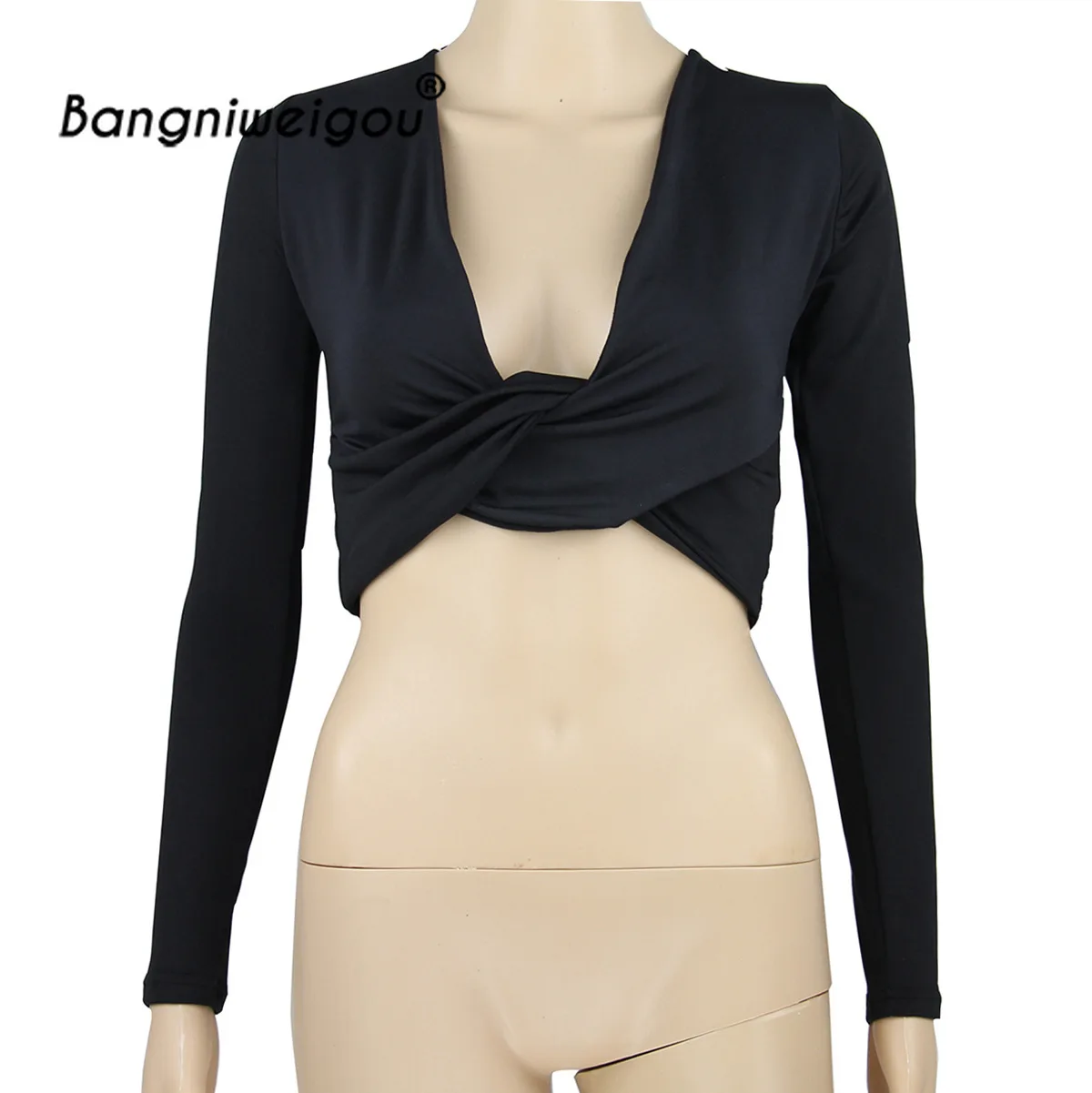 Короткий топ с длинным рукавом и глубоким вырезом спереди Женская Повседневная