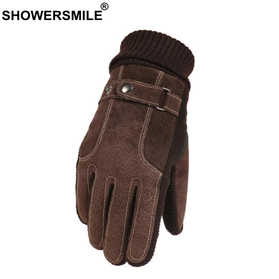SHOWERSMILE коричневые мужские зимние перчатки из свиной кожи мотоциклетные мужские бархатные теплые утолщенные уличные перчатки для езды на велосипеде для мужчин