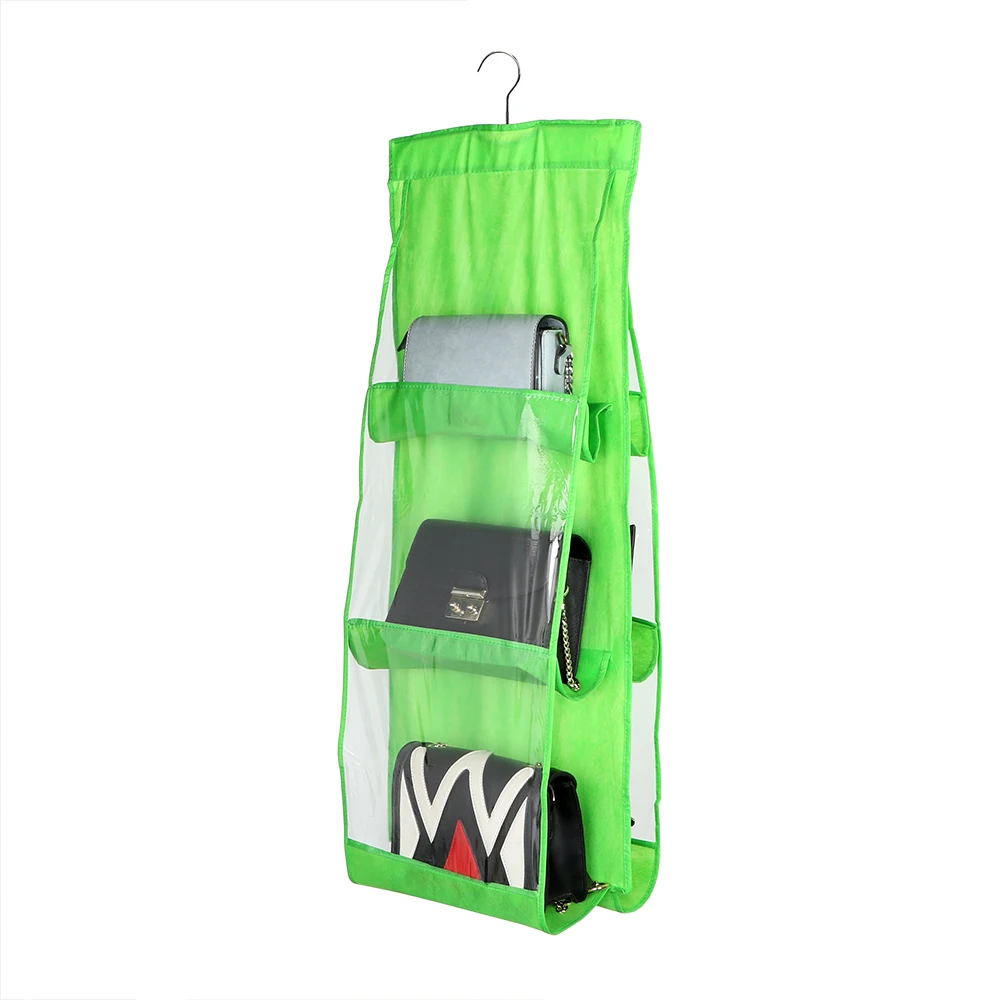 4 Colors 6 Pockets Handbag Purse Storage Bag Hanging Books Organizer Wardrobe Closet Hanger Double Sided Foldable Transparent - Цвет: Зеленый