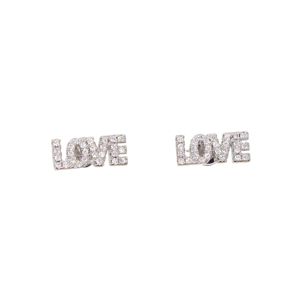 Серьги гвоздики AAA + с фианитом и надписью Love|Серьги-гвоздики| |