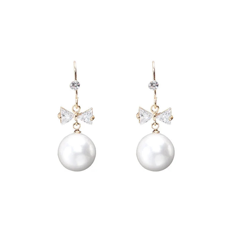 Korean delicate zircon bow earrings feminine temperament girl heart Pearl eardrops simple short hair Earrings | Украшения и