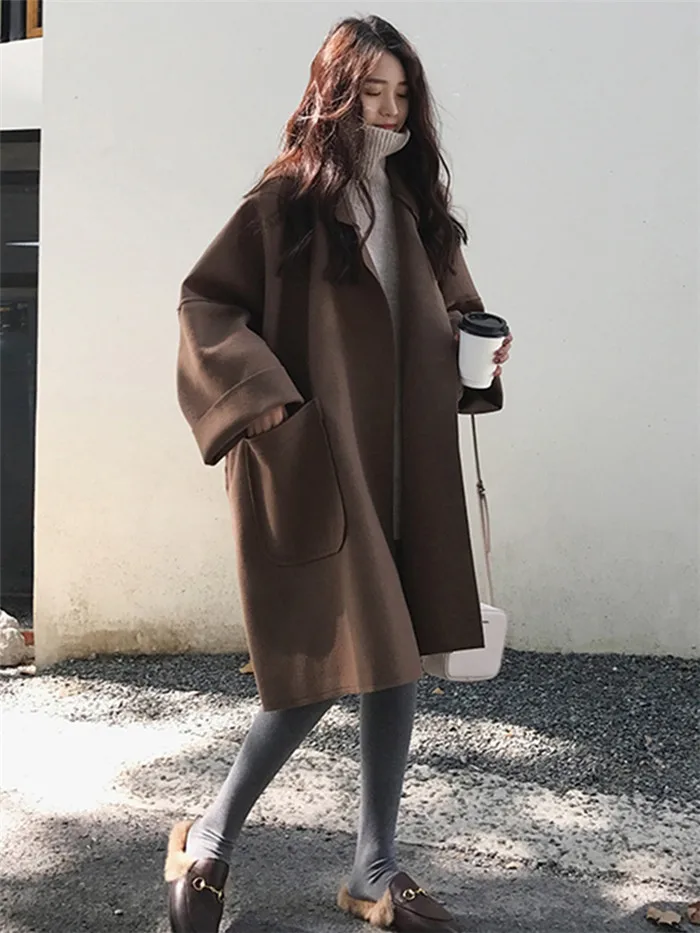 Модное свободное шерстяное пальто больших размеров, осенняя зимняя куртка длинного стиля размера плюс, коричневая Черная куртка с карманами, верхняя одежда для женщин