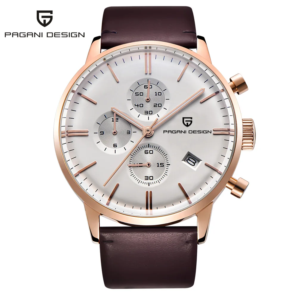 leather rose gold B Мужские часы Топ бренд класса люкс водонепроницаемые 30 м натуральная кожа японский Seiko VK67 движение кварцевые часы для мужчин Relogio Masculino - Цвет: leather rose gold B