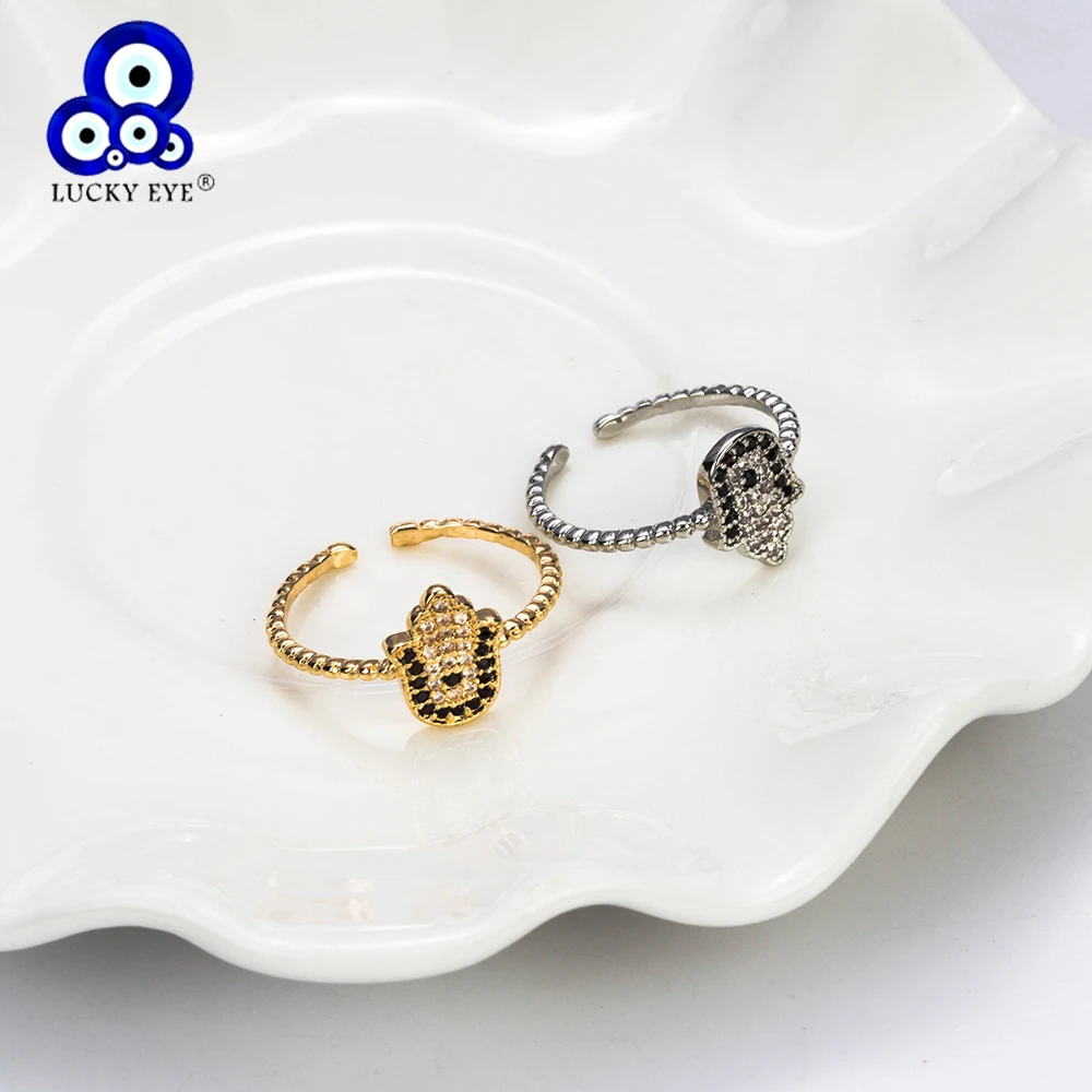 Женское кольцо с фианитом Lucky Eye регулируемое из меди и хамсы кубическим