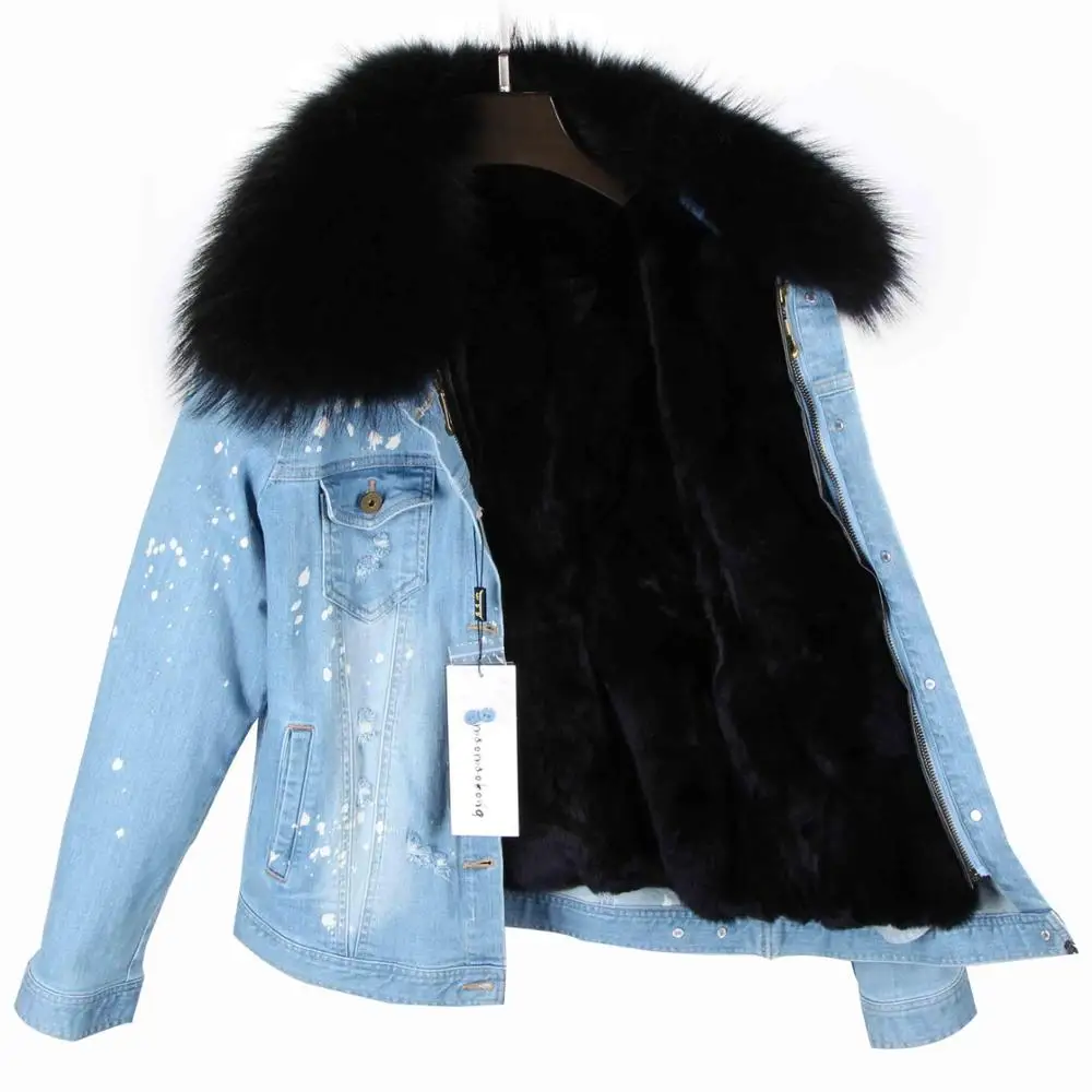 lightdenim black fur Новая парка зимнее женское пальто с большим воротником из меха енота подкладка из натурального Лисьего меха куртка наивысшего качества - Цвет: lightdenim black fur