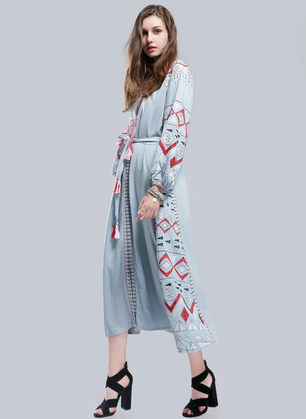 

2021 women's retro style embroidery long maxi dress vintage national style hippie boho loose long dress long Sleeve fall dresses