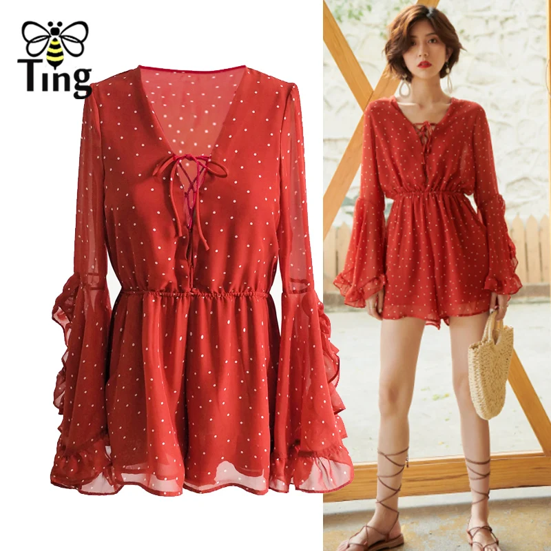 Женский Короткий комбинезон Tingfly шифоновый повседневный в горошек с