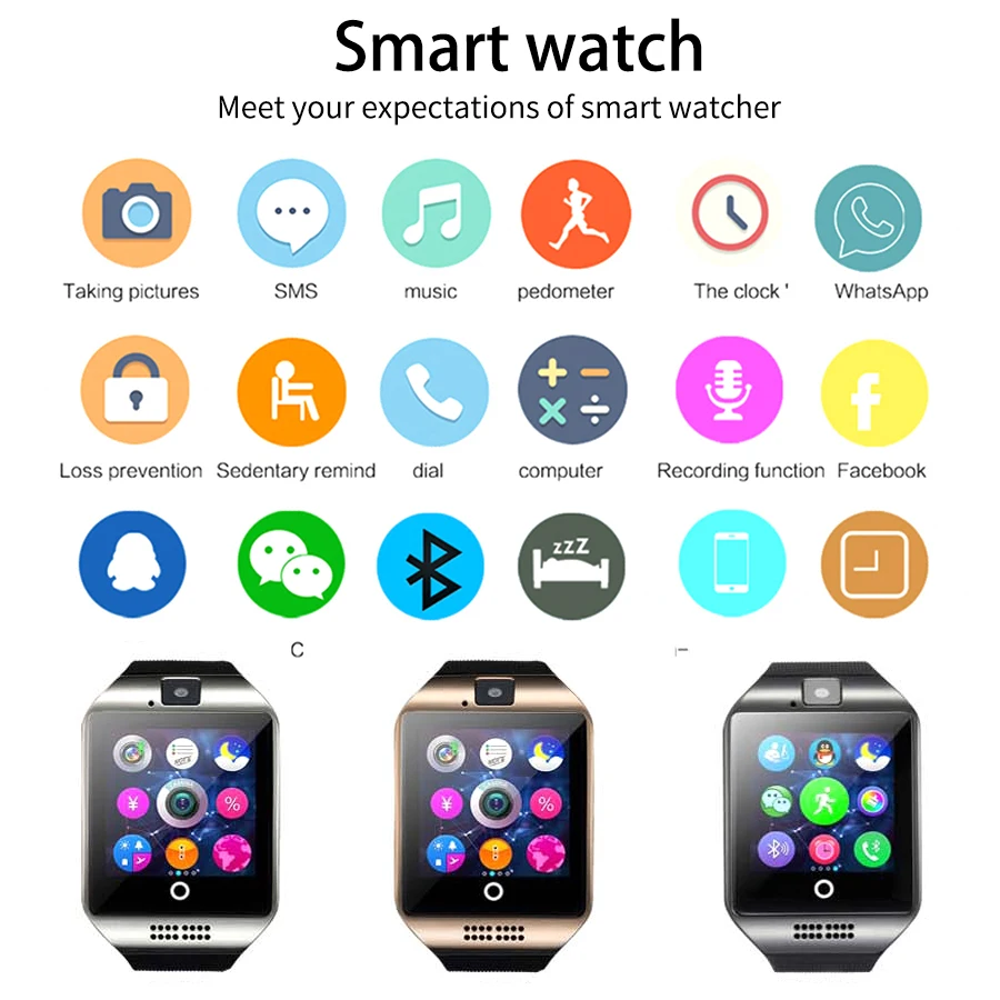 Bluetooth Smart часы qs18 с Камера Facebook WhatsApp Twitter синхронизации SMS Поддержка sim карта TF