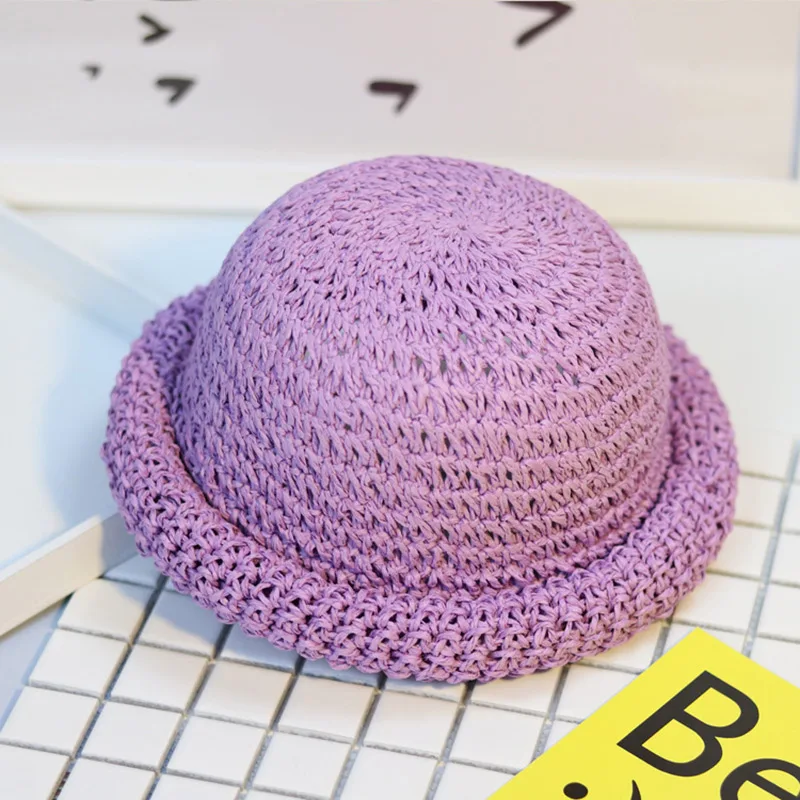 purple Модная летняя детская соломенная шляпа, однотонная Складная Солнцезащитная шляпа для девочек и мальчиков, Детская шляпа от солнца - Цвет: purple