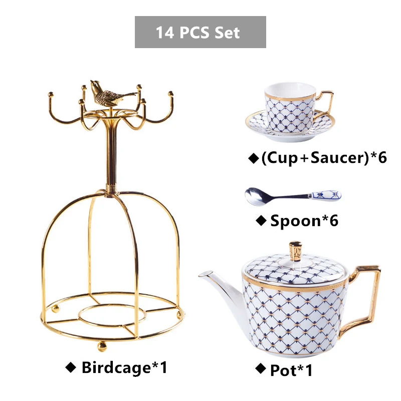 14PCS Set Blue Элегантный кофейный сервиз из костяного фарфора, золотой фарфоровый чайный сервиз, роскошный чайник, чашка, современная керамическая кружка, сахарница, сливочник, чайный горшок, молочный кувшин - Цвет: 14PCS Set Blue