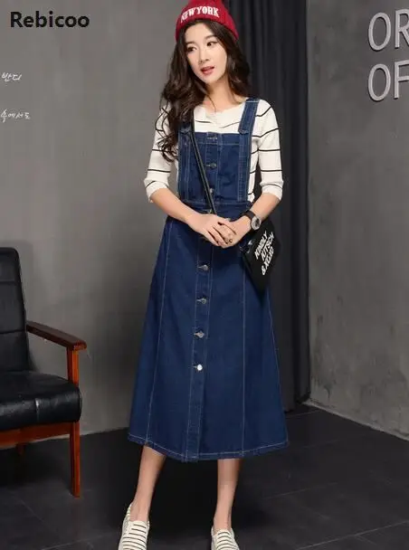 dark blue Женское джинсовое платье, джинсовый сарафан, без рукавов, однобортный, с карманами, повседневное, свободное, длинное, на подтяжках, платья размера плюс 3XL - Цвет: dark blue