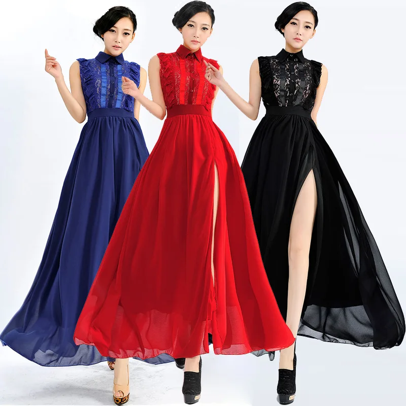 2014 Summer A-Line Turn-down Collar Sleeveless Lace Chiffon Dress Front Side Split Dresses | Женская одежда