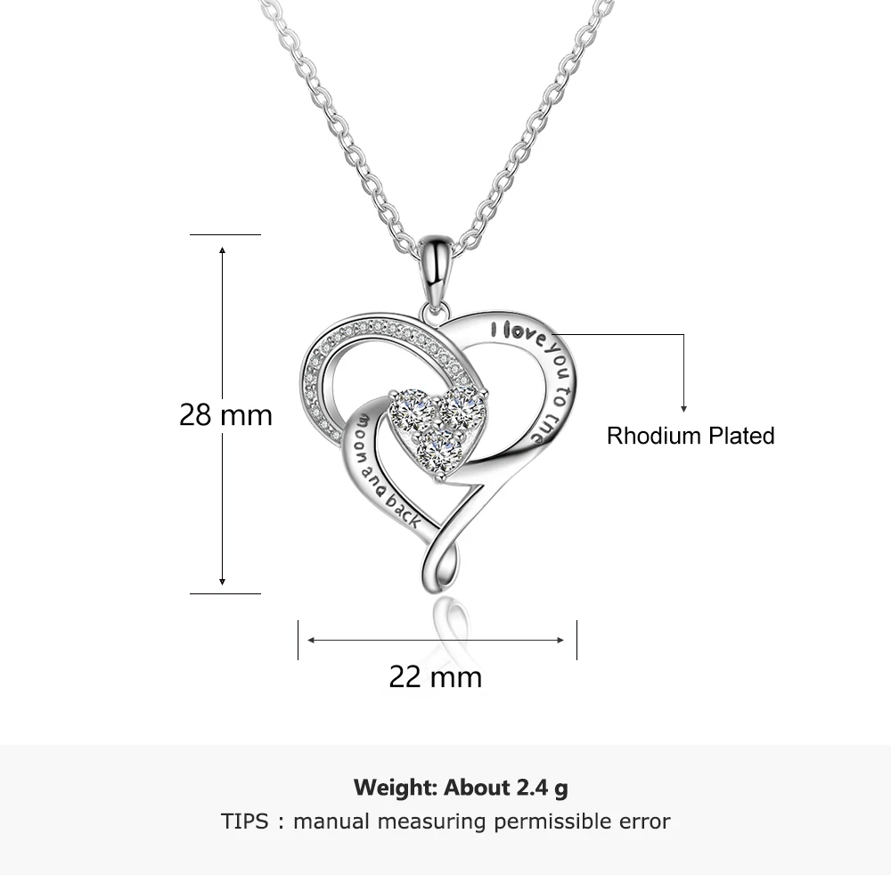 "I love you to the moon and back" 925 пробы Серебряное сердце ожерелья и подвески блестящие CZ элегантные свадебные женские ювелирные изделия(NE103112