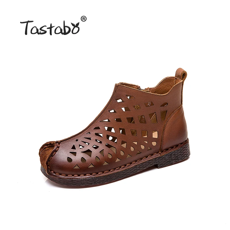 Tastabo/Новинка; ажурные ботильоны; женская обувь из натуральной кожи на плоской подошве; удобная дышащая обувь на низком каблуке; нескользящая подошва