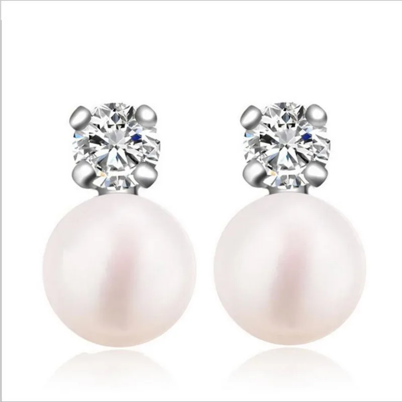 

Trendy Women Pearl Stud Earrings For Girl Birthday Accessories Top Quality Crystal Silver Plated Earrings Female Jewelry Hot