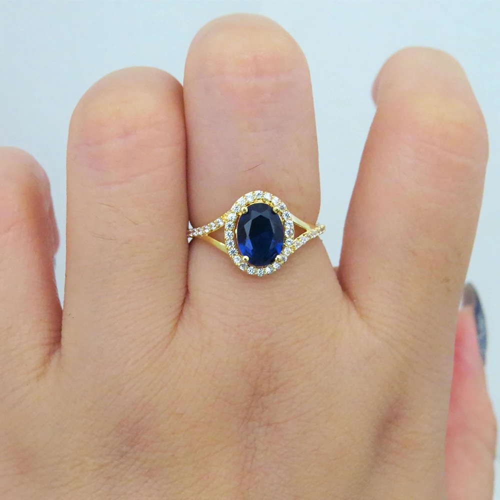 

1.00ct carat 7*5mm Lab Created Blue Sapphire Engagement Ring With White Moissanite Stone Halo Ring 14k Yellow Gold