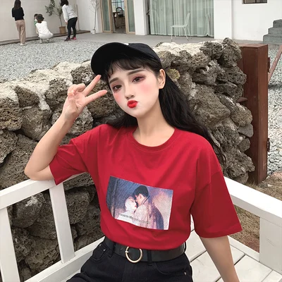 Женские топы летние корейские Ulzzang Harajuku футболки Camiseta mujer уличная Эстетическая Tumblr Топ Женская футболка - Цвет: red