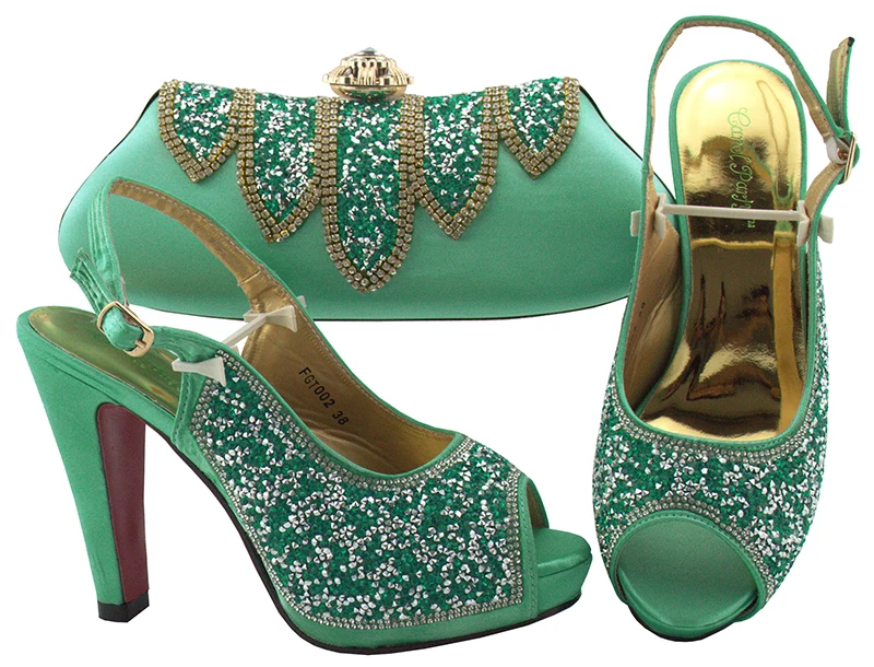 Black shining crystal Italian shoes with matching bag lady and rhinestone African set for party | Обувь