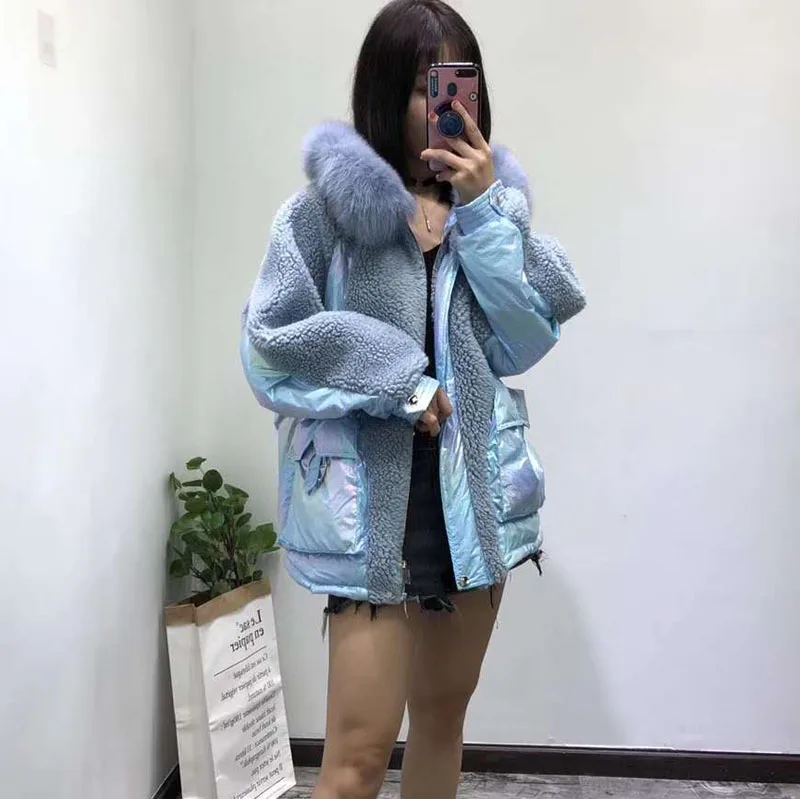 White duck down jacket sheep fur winter coat women new fashion wool blends hooded with natural geniune fox fur parka