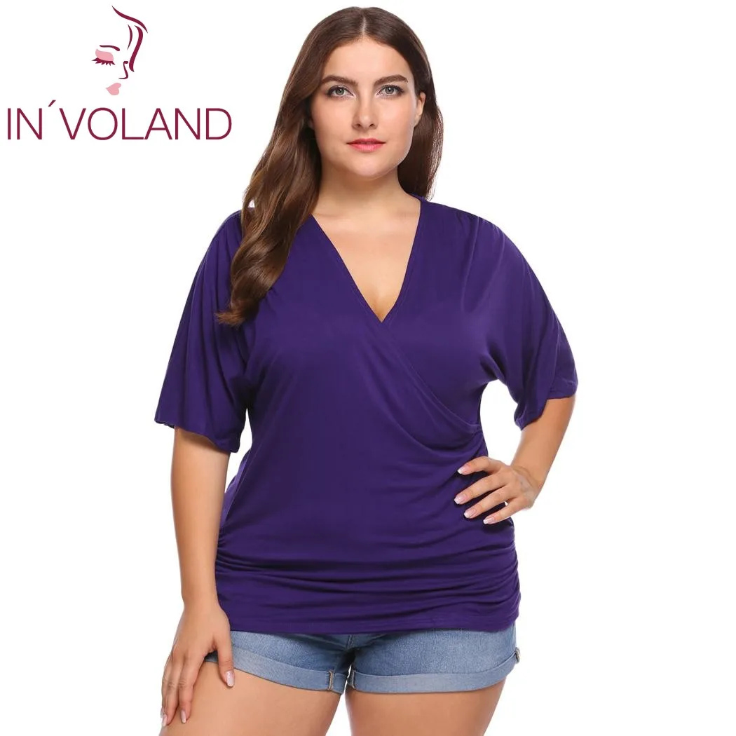 Purple IN'VOLAND, женские футболки, топы размера плюс, повседневные, сексуальные, глубокий крест, v-образный вырез, половинный рукав, пуловеры, одноцветные, женские футболки, футболки, больше размера d - Цвет: Purple
