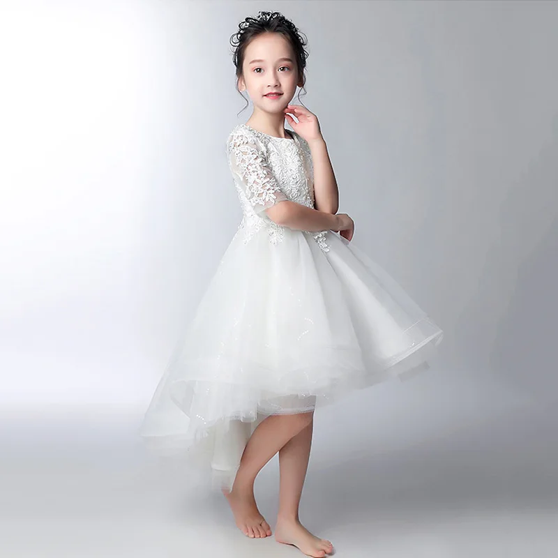 

White Flower Girl Dresses for Wedding Beading Princess Dress Ball Gown Short Front Long Back Kids Pageant Dress for Birthday
