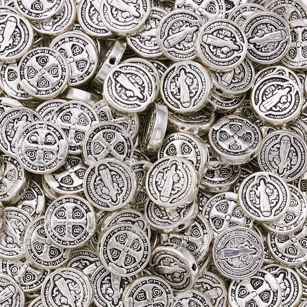 Плоские круглые бусины-разделители в тибетском стиле 50 шт. 10x2 5 мм с крестом