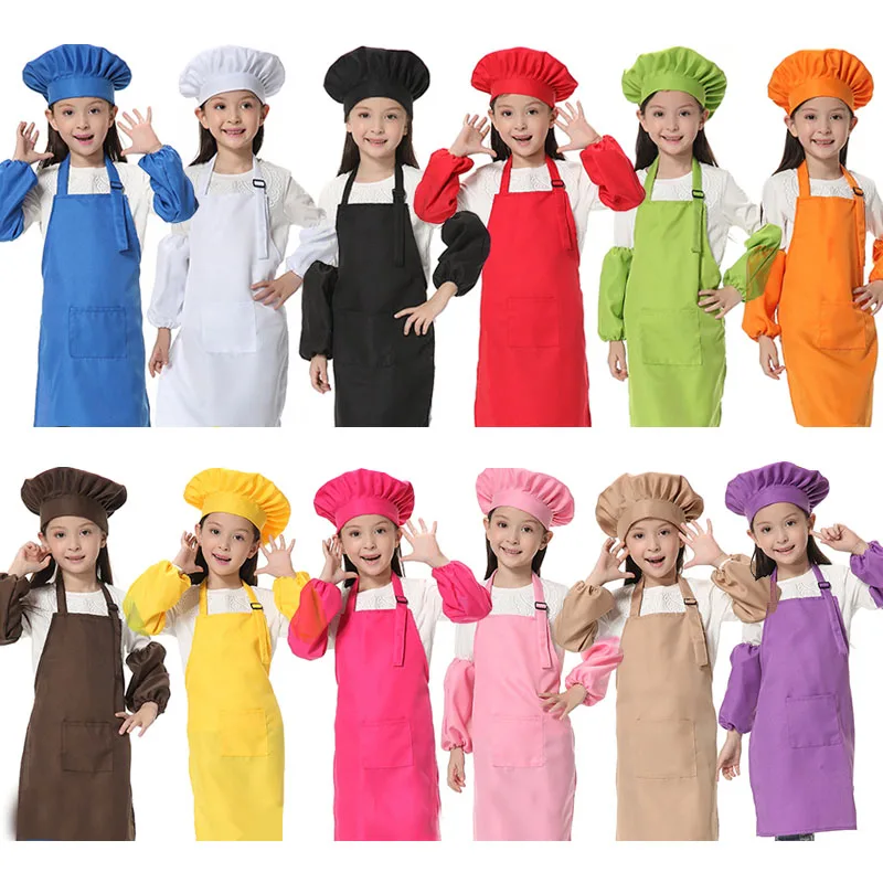 

Child Apron Kids Sleeve Hat Kindergarten Kitchen Baking Painting Cooking Drink food Enfant Tablier Delantal Logo print 12 colors