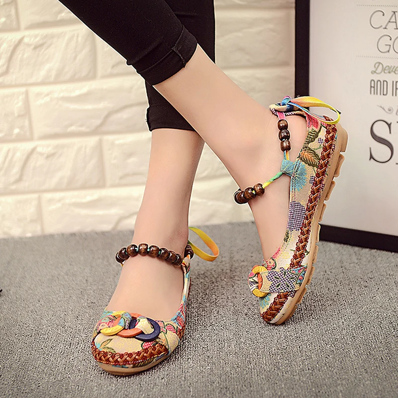 Plus Size 42 Casual Flat Shoes Women Flats Handmade Beaded Ankle Straps Loafers Zapatos Mujer Retro Ethnic Embroidered | Обувь