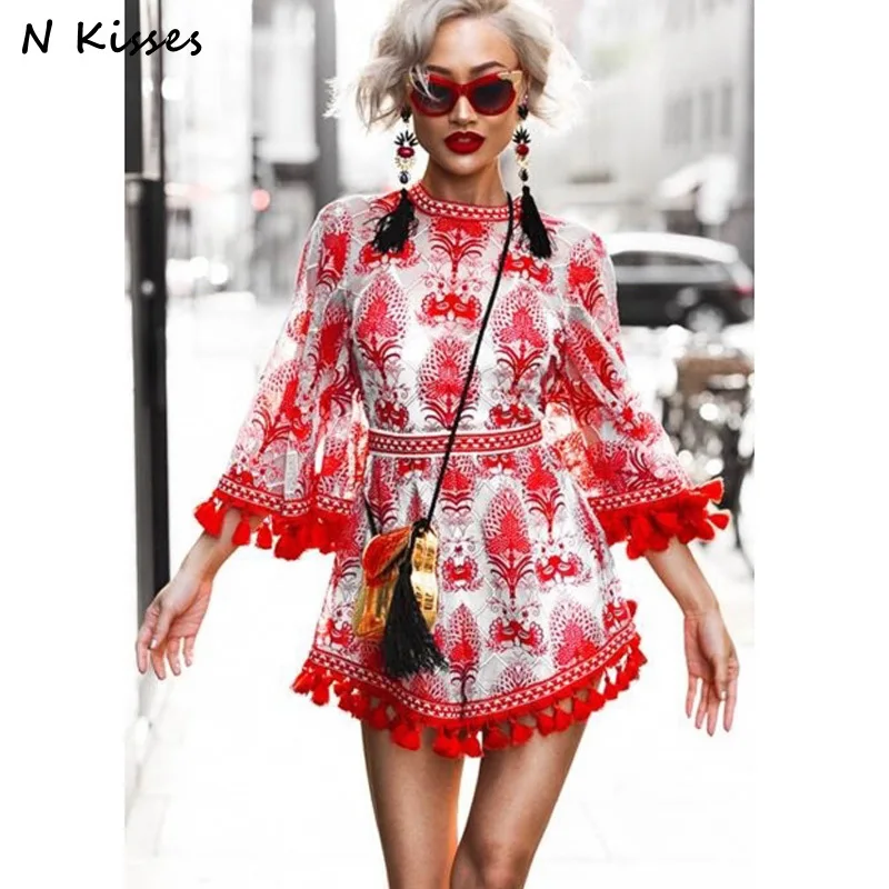 Мода г. пляжные Стиль Boho красный и белый фарфор печати кисточкой Вышивка Свободные Комбинезоны Алиса м