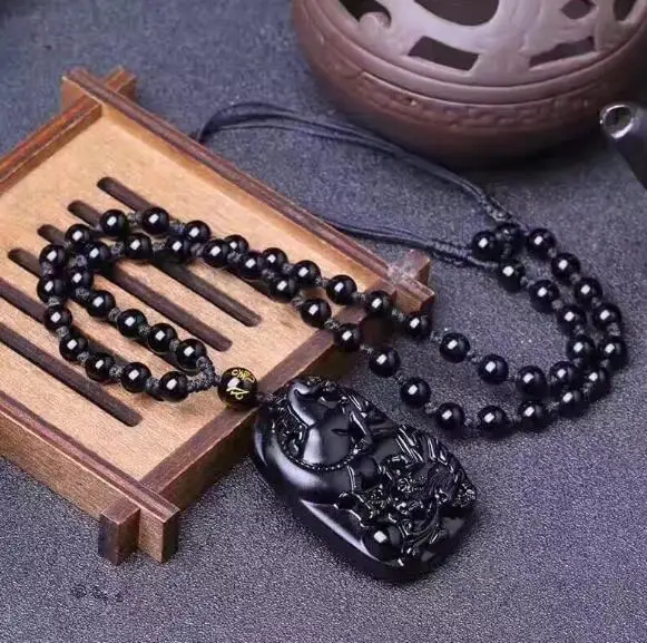 Новый красивый натуральный черный обсидиановый резной дракон лошадь счастливый