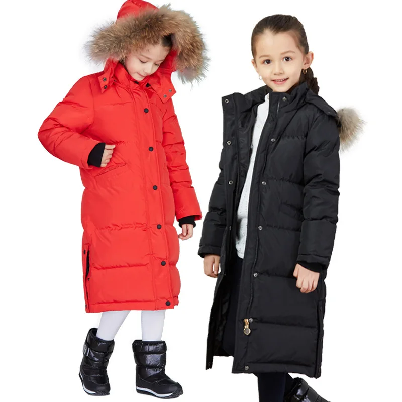 Russia Winter -30 Degrees Girl Duck Down Coat Long Section Parka Children Jacket Kids Warm Thick Fur Hooded Coats | Детская одежда и