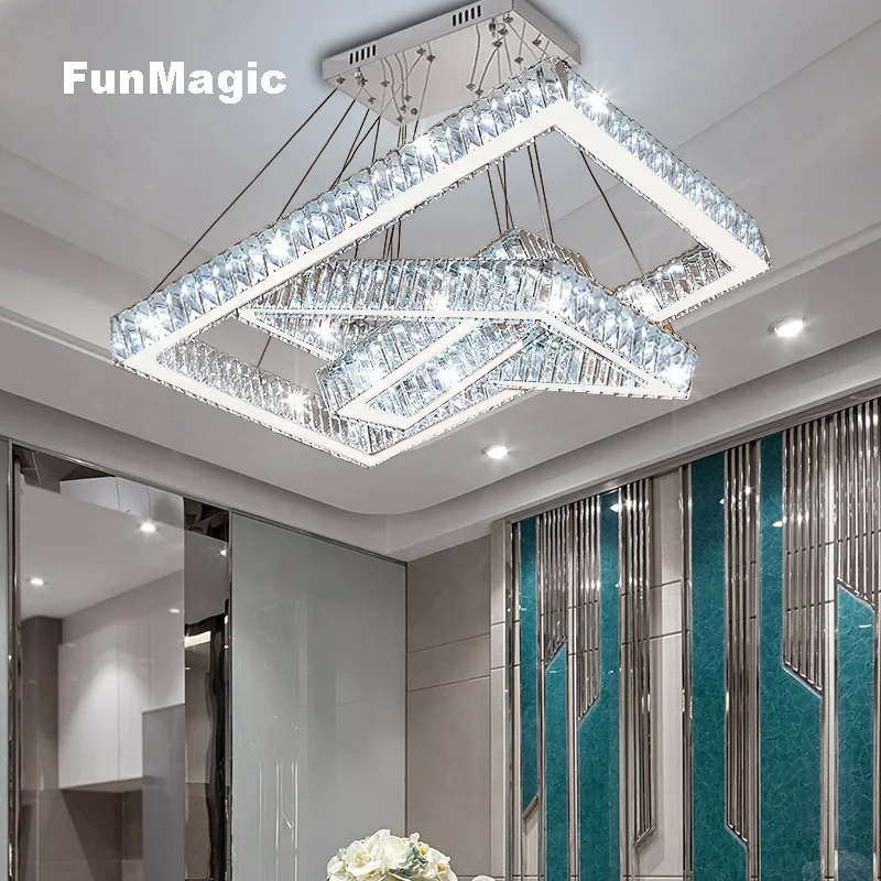 

Modern LED Crystal Pendant Light Villa Living Room Restaurant Study Lighting Rectangle Ceiling Hanging Dual-use Fixture 110-240V