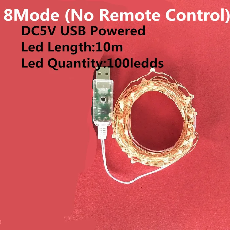 Светодиодная гирлянда 5/10 M/20 M 50/100 Led USB 8, СВЕТОДИОДНАЯ Гирлянда для управления, сказочные гирлянды для свадьбы, Рождества, праздника, декоративные лампы - Испускаемый цвет: 8Mode 10m(No Cotrol)