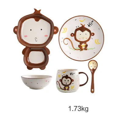 Cute Ceramica Plates Glazed Creative Hand Painted Bowl Spoon Set Breakfast Steak Children's Fruit Plate Animal Dish Cutlery - Цвет: U monkey set