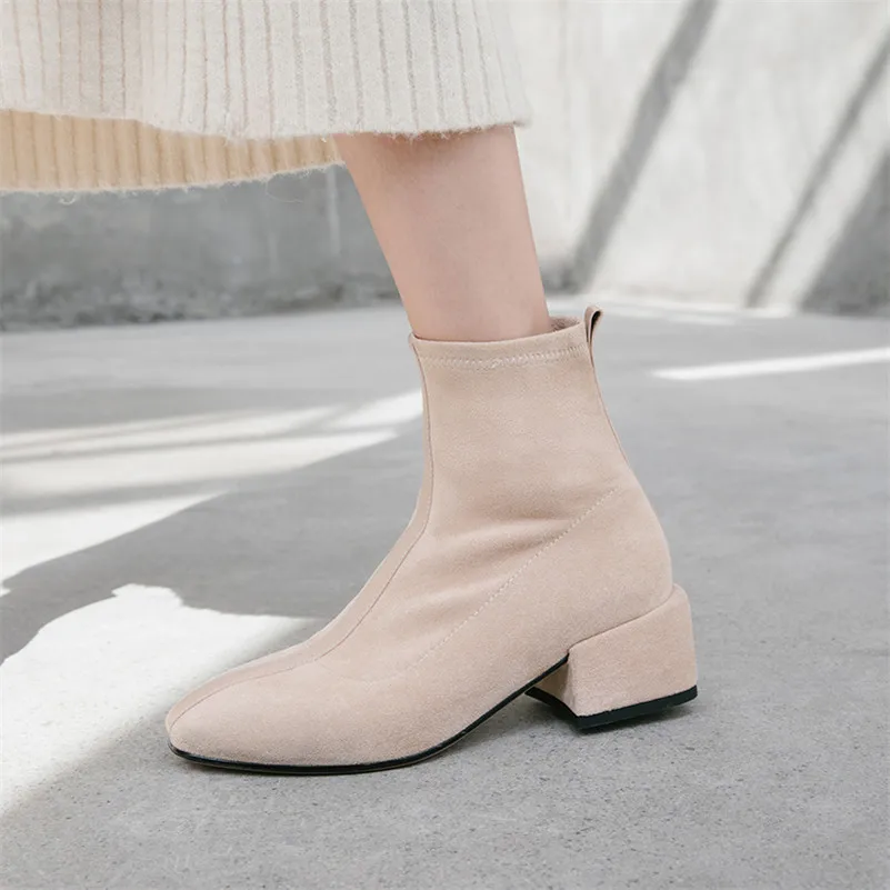 FEDONAS Top Quality Flock Women Ankle Boots Square Toe Square Heels Slip on Elegant Chelsea Boots Autumn Winter Basic Shoes