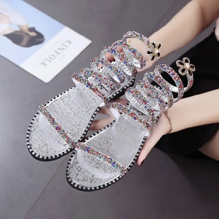 Новинка 2019 женские сандалии на плоской подошве летняя обувь со стразами Женская