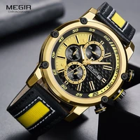 megir mens leather strap sports chronograph watches fashion waterproof luminous analogue quartz wristwatch for man 2079gdbk