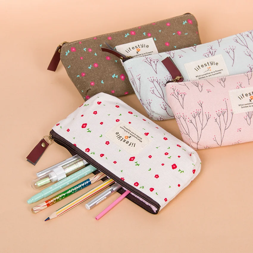 

1PC Hot Sale Small Floral Pencil Case Canvas Storage Pouch Pen Bag Small Fresh Canvas Zipper Pencil Box Office Supplies