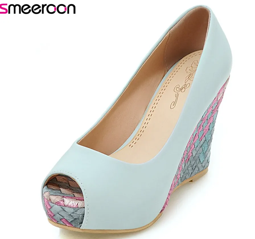 

Smeeroon 2020 new style women pumps peep toe elegant solid color summer shoes shallow platform shoes comfortable wedges shoes