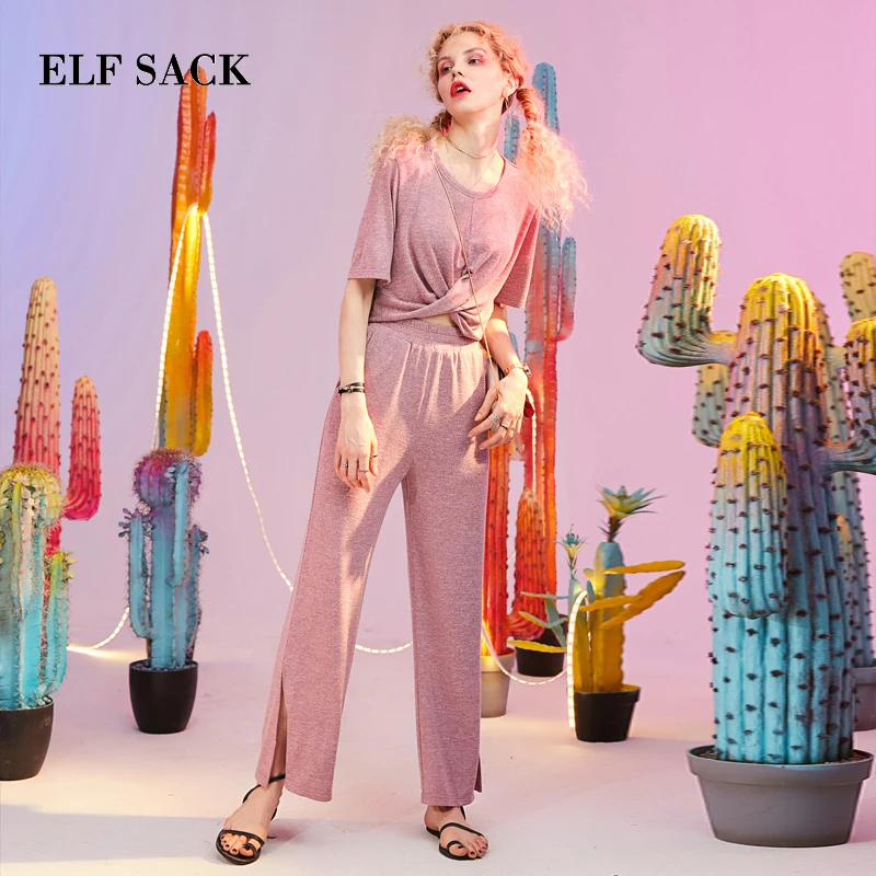 ELFSACK, новинка, весенний однотонный комплект из 2 предметов, повседневные женские шорты с круглым вырезом и уличная одежда, полная длина, эластичный пояс, женские футболки, женские штаны