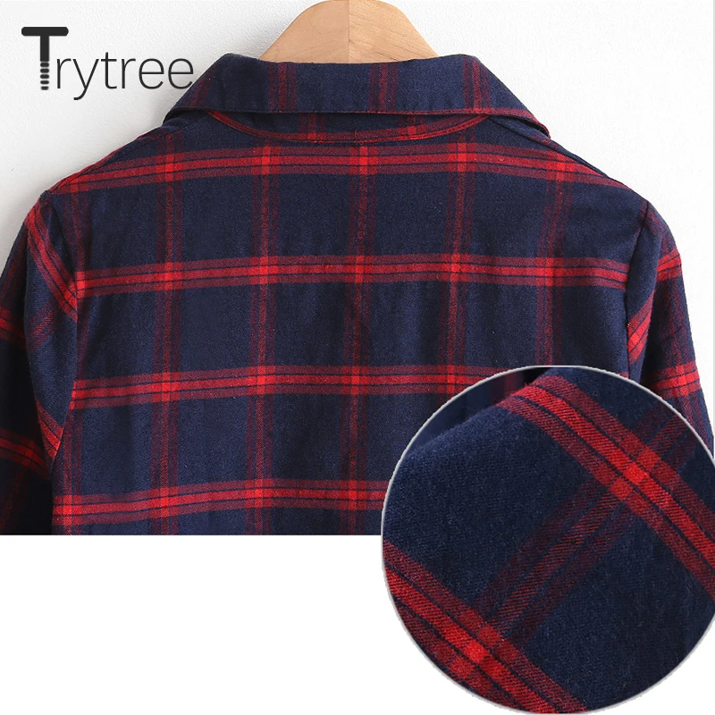 Trytree весна осень Женская хлопковая блузка Повседневная рубашка с отложным